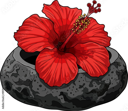 tropical soul vibrant hibiscus flower erupting from earthy lava rock pot, vector isolated on transparent background