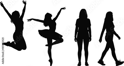 Woman silhouette, dance pose, jumping figure, walking posture, lifestyle icon, human movement, body language, fitness art, fashion illustration, activity design