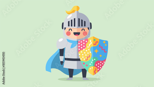 Cute Cartoon Knight with Colorful Shield and Blue Cape Illustration.