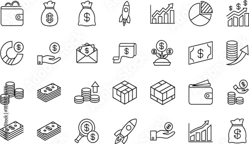 Financial Investment And Business Growth Icon Set Featuring Money Bags, Wallets, Revenue Charts, Startup Rockets, Currency Coins, Profit Analysis, And Success