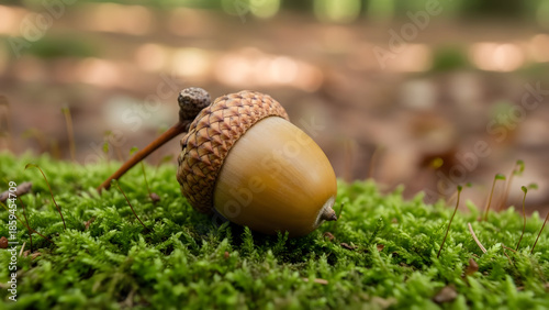 Acorn and Pinecone Resting on Mossy Forest Floor in Flat Vector Style