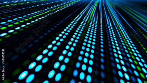 The illustration shows a bright LED or pixel panel where bright stripes of blue, green and white light create an effect of movement and energy. Digital flow. Dynamics of light and pixel energy.