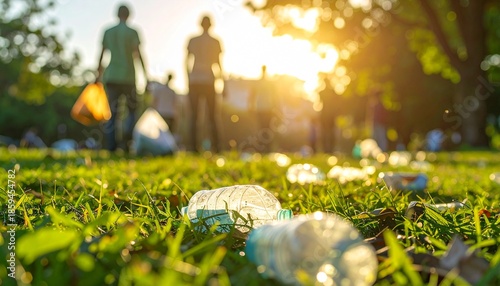 Plastic bottle litter scattered across a grassy park at sunset, highlighting environmental pollution and the need for clean-up efforts