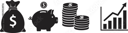 Financial icons including money bag piggy bank coins wallet and growth chart