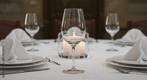 Formal restaurant table setting with white linens, featuring clear wine glasses and folded napkins. Elegant and prepared for guests in a high-end restaurant.