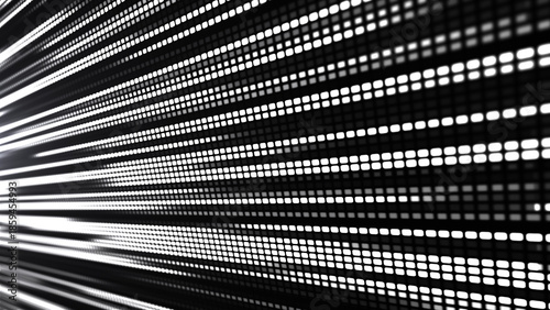 The illustration shows a bright LED or pixel panel, where bright stripes of white and black create an effect of movement and energy. Digital flow. The dynamics of light and the energy of pixels.