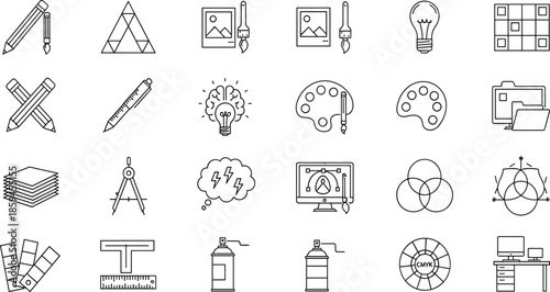 Graphic design icons set, creative art tools collection, linear vector symbols, drawing equipment, digital studio elements, pencil, brush, palette, isolated outline style