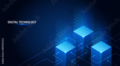 Isometric data technology network 3D vector illustration with digital server platforms and cubes connected by lines. Abstract cloud, AI blockchain infrastructure concept. Futuristic blue background