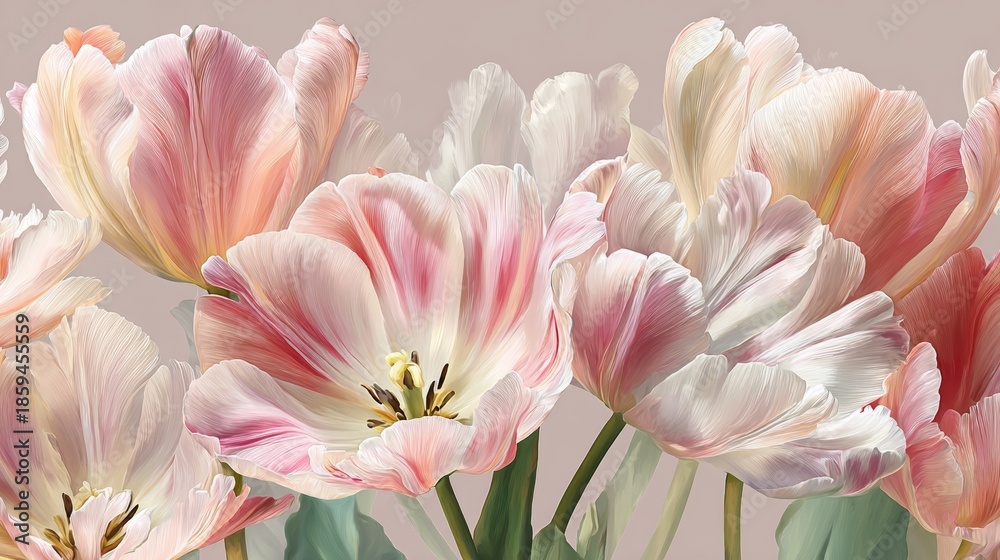 Fototapeta premium Close-Up of Vibrant Multicolored Tulip Flowers with Pastel Petals in Pink, Purple, Yellow, and Peach Tones on Dark Background