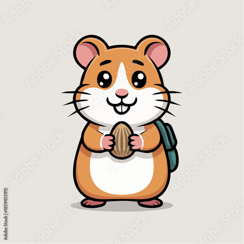 Cute cartoon hamster holding an almond and wearing a small backpack, standing on a light background.