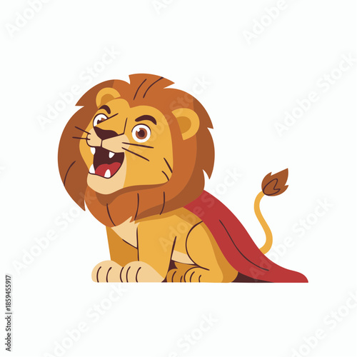 Cute cartoon lion character with a majestic mane and a flowing red cape, sitting and smiling happily.