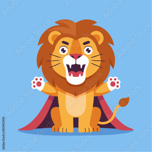 A cute cartoon lion wearing a red cape, roaring fiercely with its mouth open, showing its teeth and paws, against a light blue background.