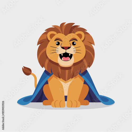 Cute cartoon lion character wearing a blue cape, sitting and smiling with an open mouth, on a plain background.