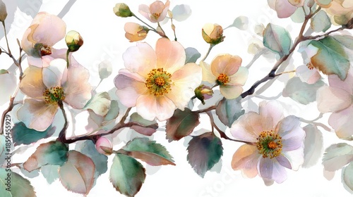 Watercolor Painting of Delicate Pastel Flowers with Translucent Petals and Flowing Stems on Light Background in Soft Artistic Composition