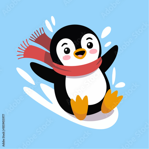 A cute cartoon penguin wearing a red scarf, happily sliding on ice with splashes.