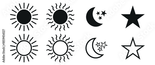 Stylized sun and crescent moon with stars icon. A silhouette of the sun and a crescent moon with stars set. Moon stars icon or logo pack.  vector illustration. 