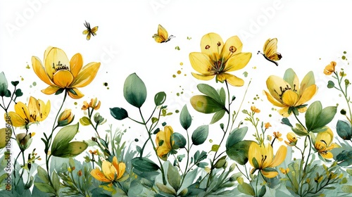 Watercolor illustration of yellow flowers with green leaves and butterflies on white background
