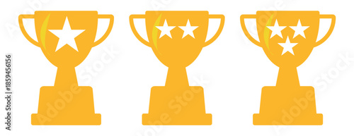 Trophy cup, award, vector icon. Champion cup winner trophy award 1 2 3. Golden trophy held by diverse hands star award vector bundle collection set. First place champion trophy reward.