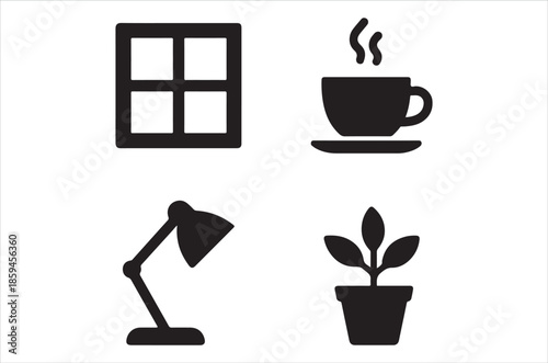 Simple icons depicting a window coffee lamp and a potted plant