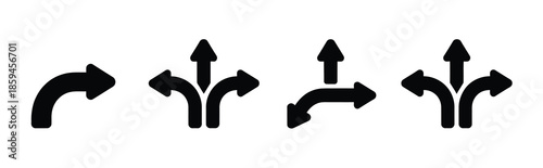 Choice between three roads icons, three way directional arrow collection, illustrating path selection, decision making routes, direction symbols, branching arrows and clean minimal vector graphics 