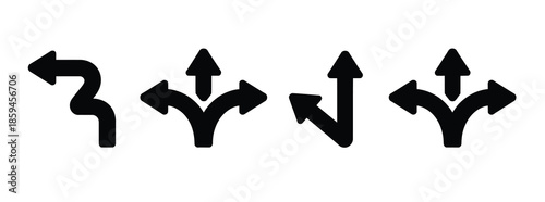 Choice between three roads icons, three way directional arrow collection, showing way direction and branching path symbols, road decision concepts and navigation vector graphics for creative design 