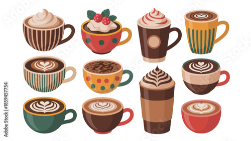 Collection of Various Coffee Drinks in Cups and Mugs Vector Illustration