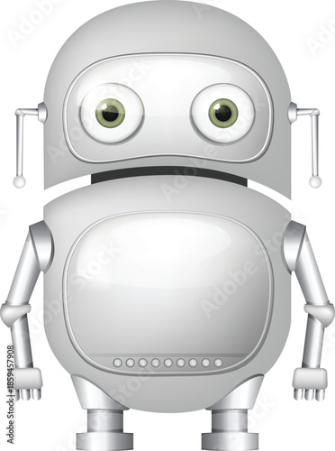 Cartoon robot with large green eyes and silver body