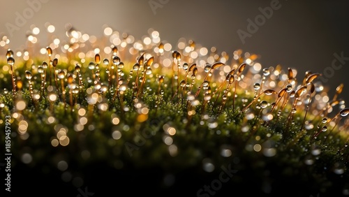 Close-up macro view of moss covered with sparkling water droplets, creating a dreamy natural background with soft bokeh lighting.
