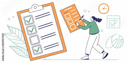 A woman efficiently checks tasks off a large clipboard checklist