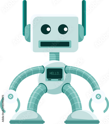 Cute cartoon robot with hello message on screen character