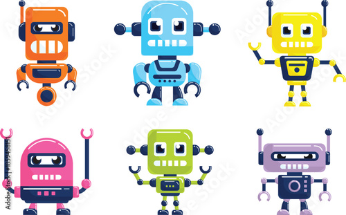 Six colorful cartoon robots in a grid illustration