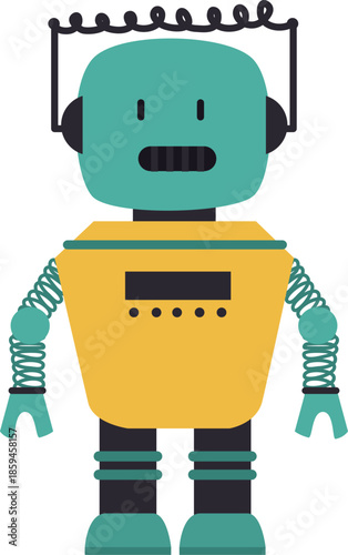 Teal and yellow cartoon robot with coiled arms character