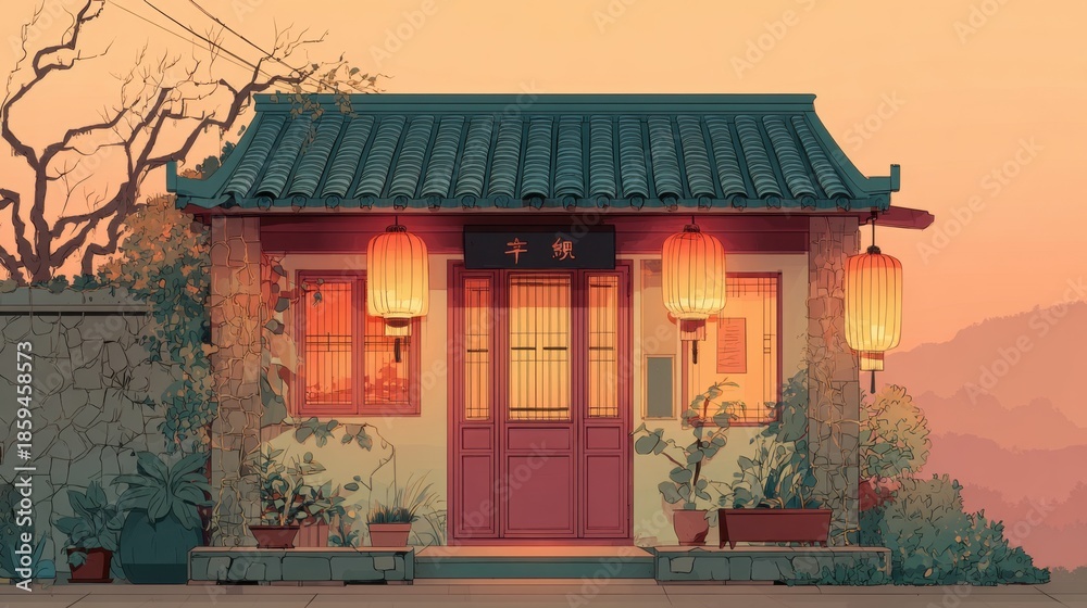 Fototapeta premium Traditional Chinese Style House with Red Lanterns and Green Tiled Roof at Sunset