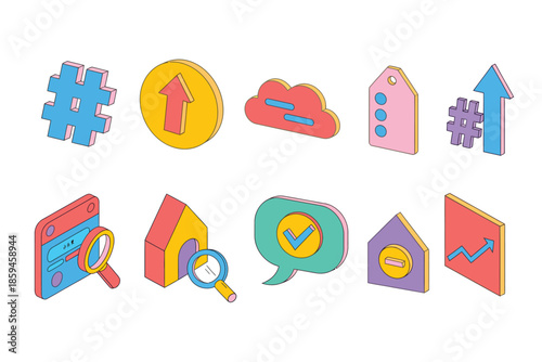 Colorful 3d communication icon set, chat hashtag cloud analytics icons collection, featuring modern social media symbols, messaging elements, digital network graphics and vibrant communication visuals