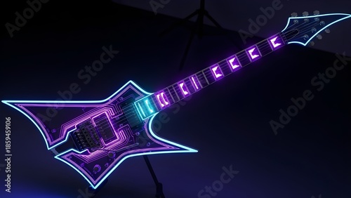 A futuristic electric guitar illuminated with neon lights and glowing circuit patterns, blending music, technology, and cyberpunk aesthetics.
