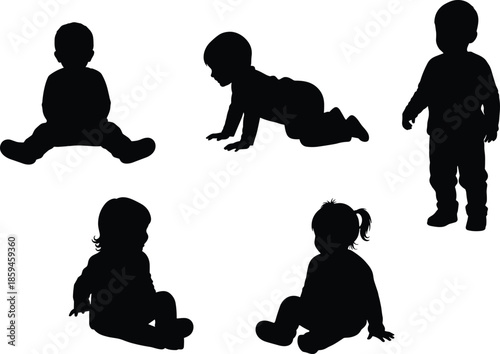 Set of Black Baby Silhouettes Featuring Various Growth Stages Including Sitting Crawling Standing and Walking Icons for Early Childhood Development Projects