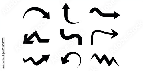 Collection of modern black arrows on white background for navigation and design.