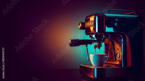 Stylish espresso machine preparing coffee in a minimal studio setup with colorful lighting and clean background.
