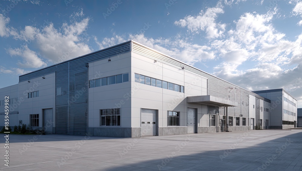 Obraz premium Modern industrial building with loading bays and concrete lot under a bright blue sky