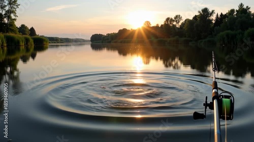 Fishing Rod Over Calm River At Sunrise