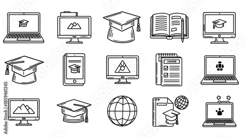 Educational icons representing online learning and academic resources in a vector style
