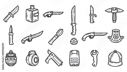 Collection of various knives and tools graphic elements design