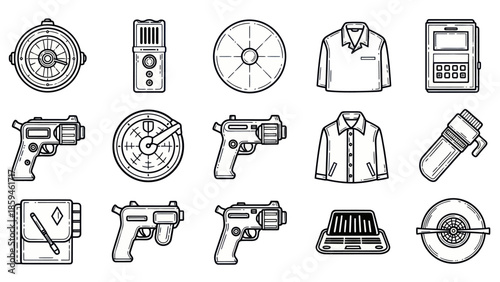 Collection of various line art objects including tools weapons and clothing
