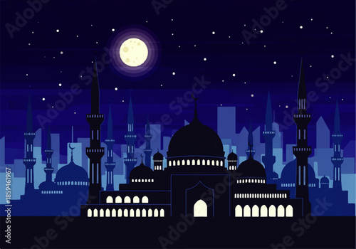 Flat design illustration vector of a mosque silhouette against a city skyline at night with a full moon and stars, showcasing a peaceful and serene urban landscape.