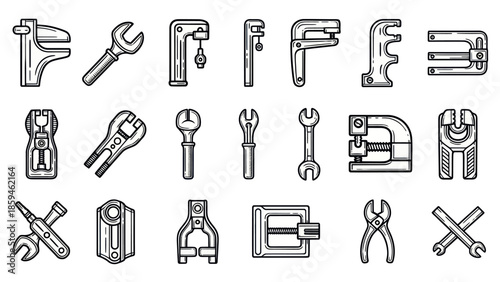 Collection of various tools and instruments in detailed engraving style
