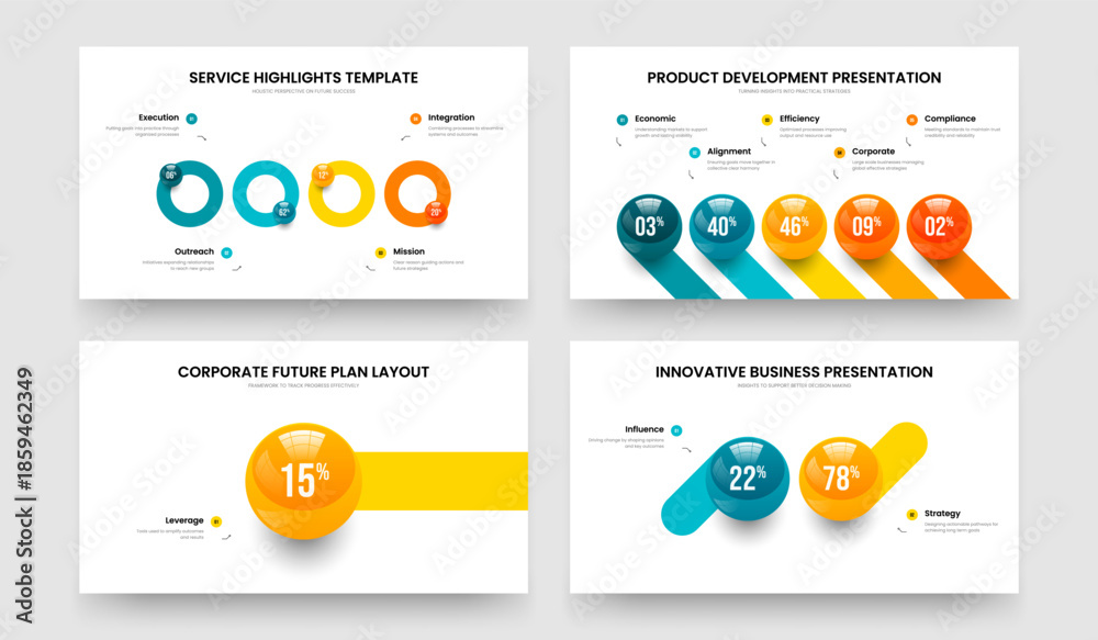 Fototapeta premium Corporate Performance Four Five One Two Step Graph Slide Template Vector Illustration Set. Sales Analysis 4 5 1 2 Option Infographic Presentation Layout Bundle.