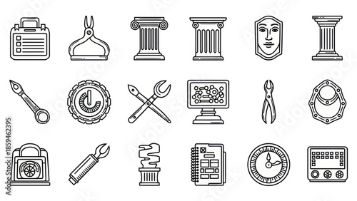 Collection of vector icons tools objects and symbols in line art