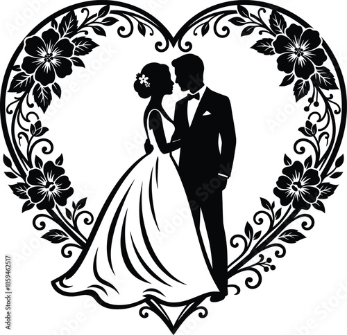 silhouette of bride and groom standing together surrounded by heart shape ornament