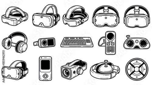 Collection of vr headsets controllers and electronic devices in black and white
