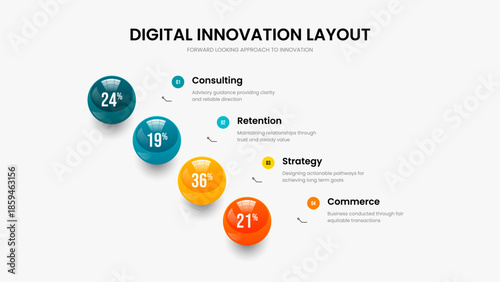 Clean Plan Presentation Template Vector Illustration. Modern Briefing Four Option Infographic Frame Design. Consulting Review 4 Step Diagram Slide Layout.
